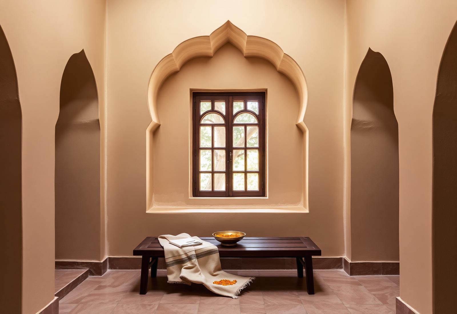Sunlit arched window and low wooden bench inside the Chakrapani Ayurveda clinic in Jaipur