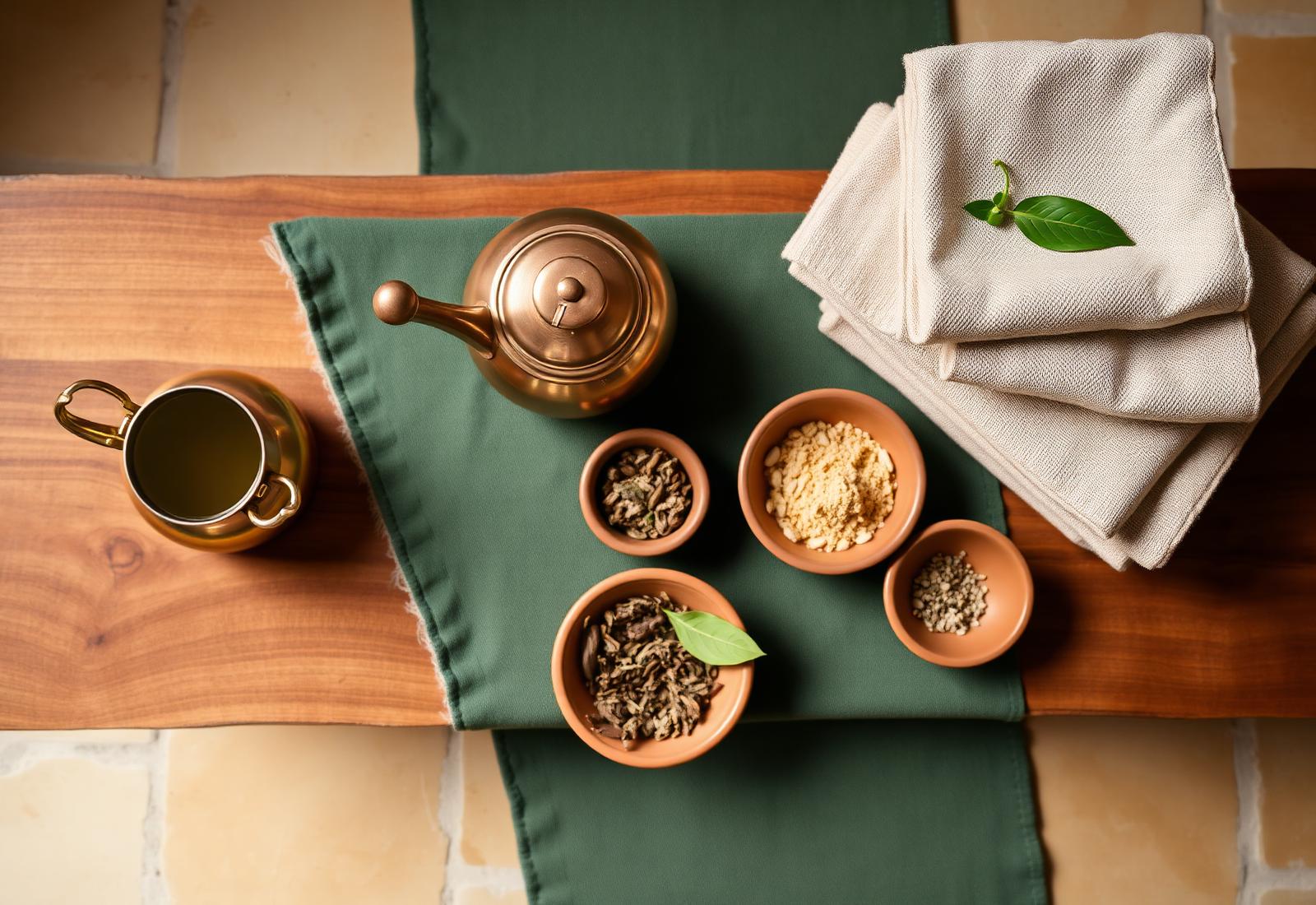 Copper vessels of warm herbal oil, folded cotton towels and small bowls of Ayurvedic herbs laid out on a teak treatment table