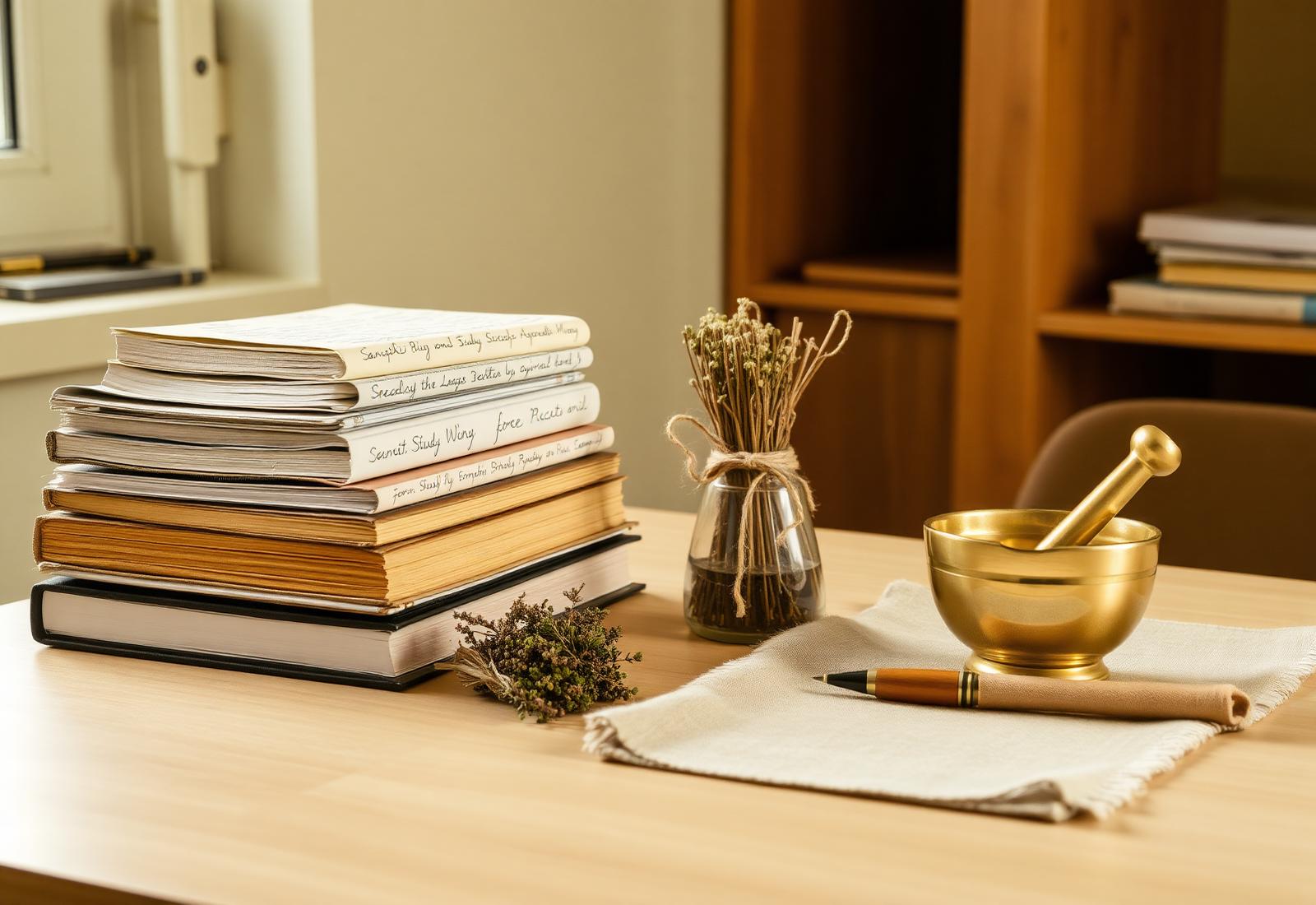 Stack of Ayurveda study books next to a small brass mortar, pestle and a bundle of dried herbs on a writing desk